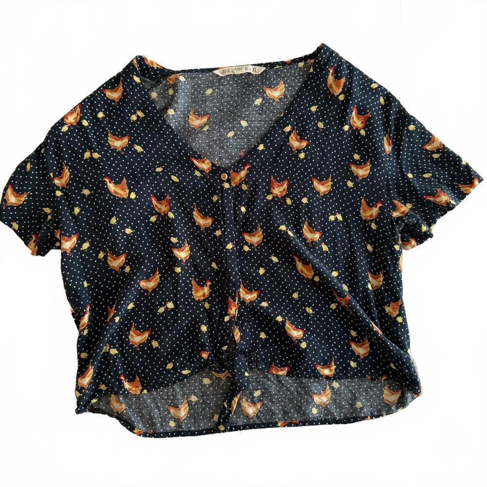 Vanilla Star Tie Front Button Down Blue Chicken Blouse Casual Top Women's XL